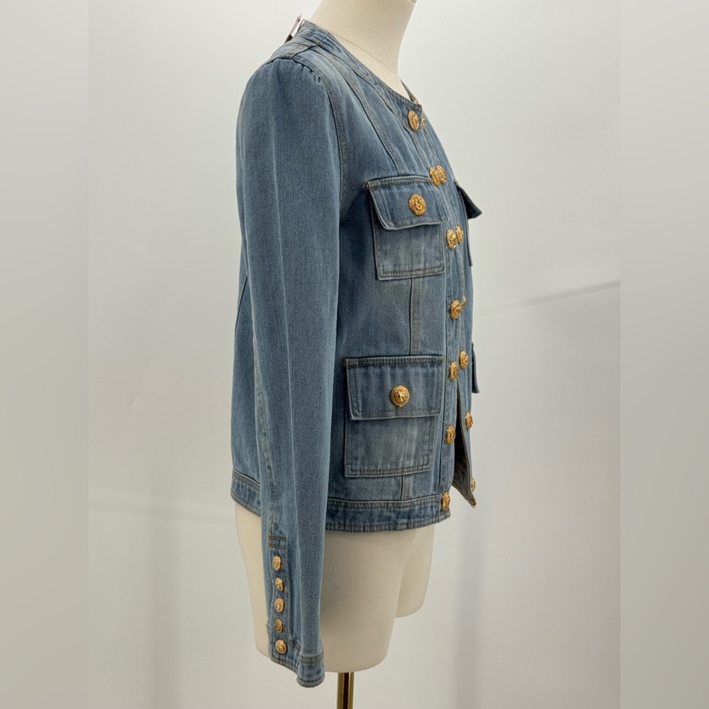 Ma Cherie Light Wash Denim Jacket with Gold Crest Buttons Chic Military Style - Picture 8 of 15